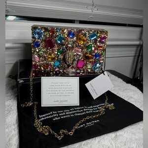 NWT Kurt Geiger London Multicolor Jeweled Acrylic Clutch with Gold Accents